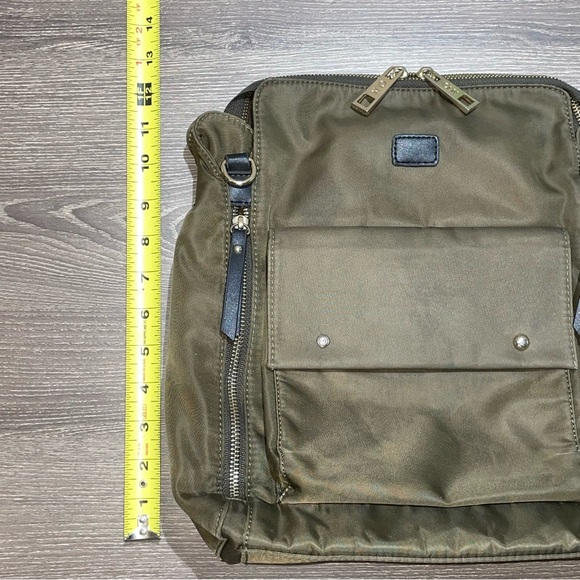 CLN Olive Green & Gold Tone Hardware Backpack Carry Bag 3 Front Pockets Dual Zip - Picture 8 of 10